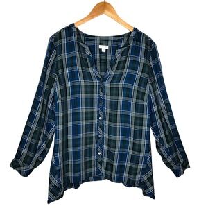J.Jill Petite Plaid Long Sleeve V-Neck Button‎ Front Top Large Cottage Core